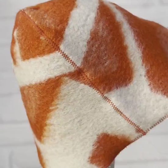 Reversible Upcycled Wool Sauna Hat, Orange Geometric Banya Cap, Eco-Friendly Felted Bucket Hat