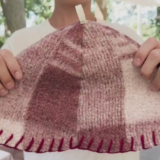 Upcycled Wool Sauna Hat – Burgundy Mauve Plaid Banya Spa Accessory with Loop