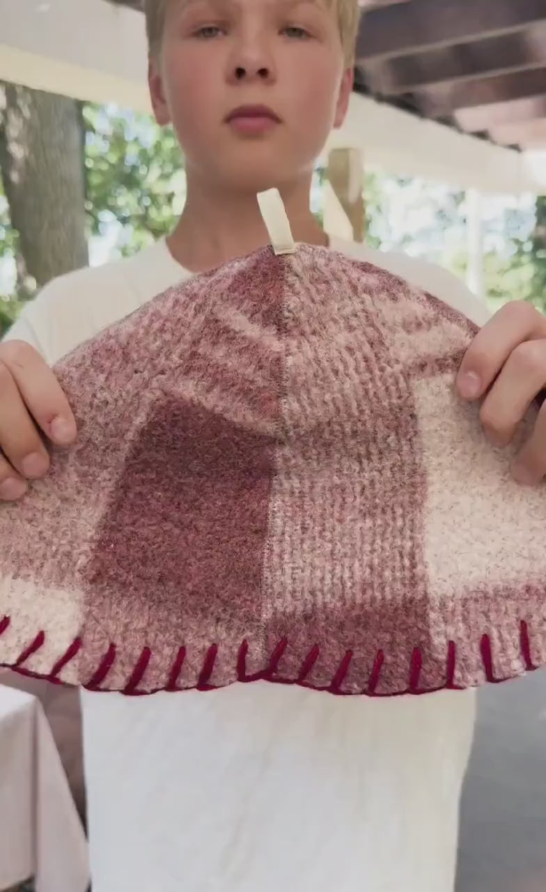 Upcycled Wool Sauna Hat – Burgundy Mauve Plaid Banya Spa Accessory with Loop