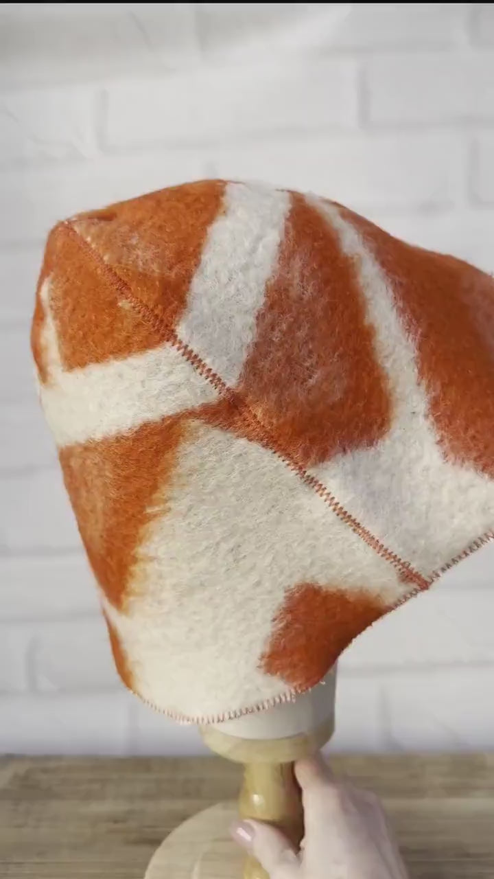 Upcycled Wool Sauna Hat, Orange Geometric Banya Cap, Vintage Blanket Thermal Protection