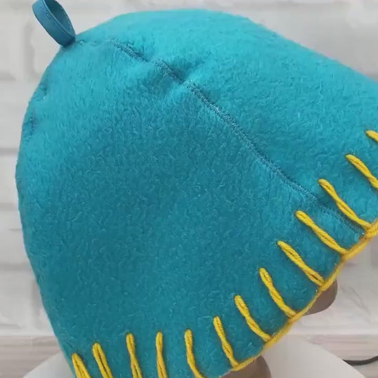 Handmade Wool Sauna Hat, Upcycled Vintage Blanket, Turquoise Banya Hat