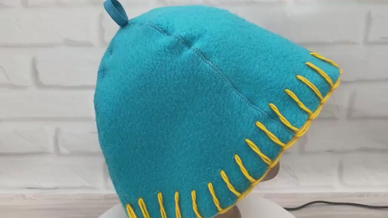 Handmade Wool Sauna Hat, Upcycled Vintage Blanket, Turquoise Banya Hat