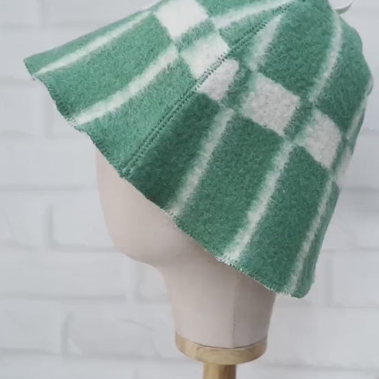 Reversible Wool Sauna Hat, Green Plaid Felt Spa Headwear, Eco-Friendly Reclaimed Wool