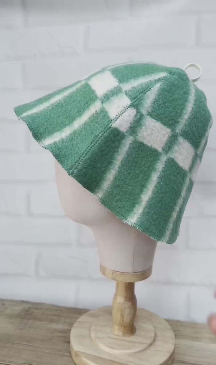 Reversible Wool Sauna Hat, Green Plaid Felt Spa Headwear, Eco-Friendly Reclaimed Wool
