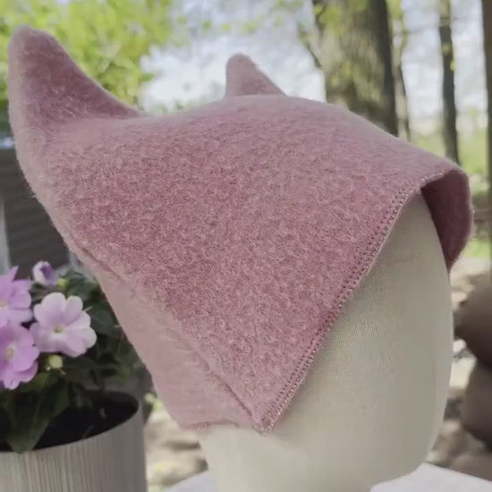 Pink Wool Cat Ears Sauna Hat, Banya Steam Room Protection Cap