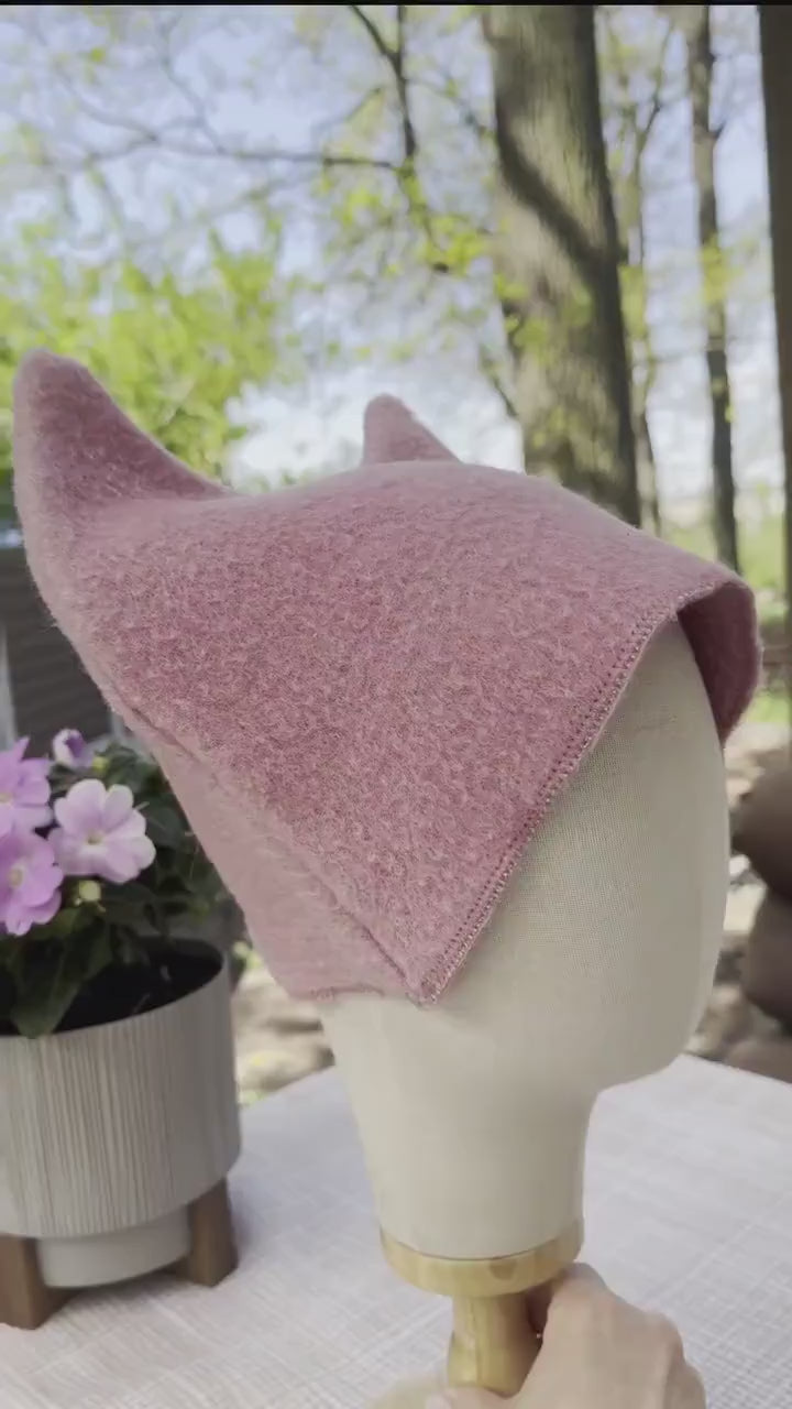Pink Wool Cat Ears Sauna Hat, Banya Steam Room Protection Cap