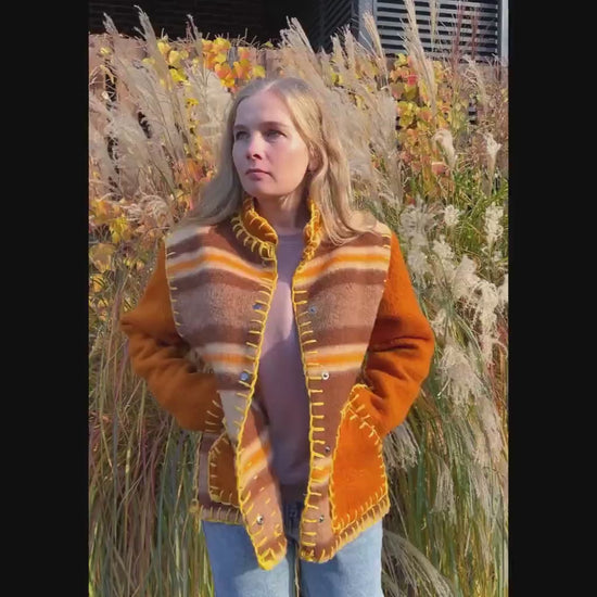 Wool Blanket Jacket brown orange, Upcycled Coat, Handmade Oversized Plaid Jacket M