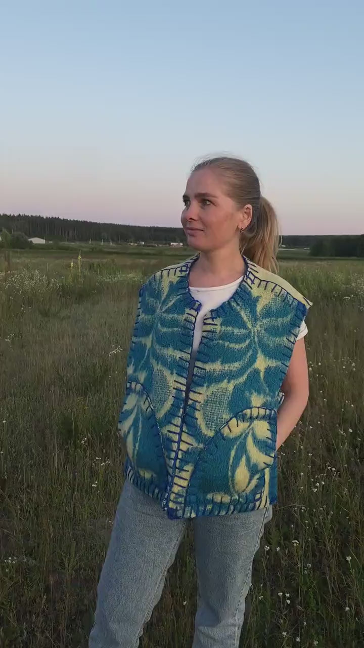 Upcycled Wool Blanket Vest, Vintage Ukrainian Style, Size L