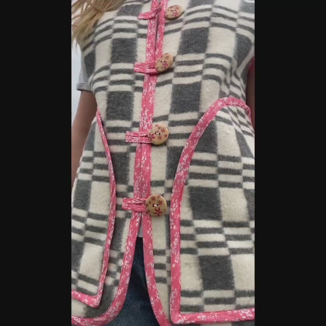 Upcycled Wool Blanket Vest, Handmade Soviet Vintage Style, Pink Trim, Size S