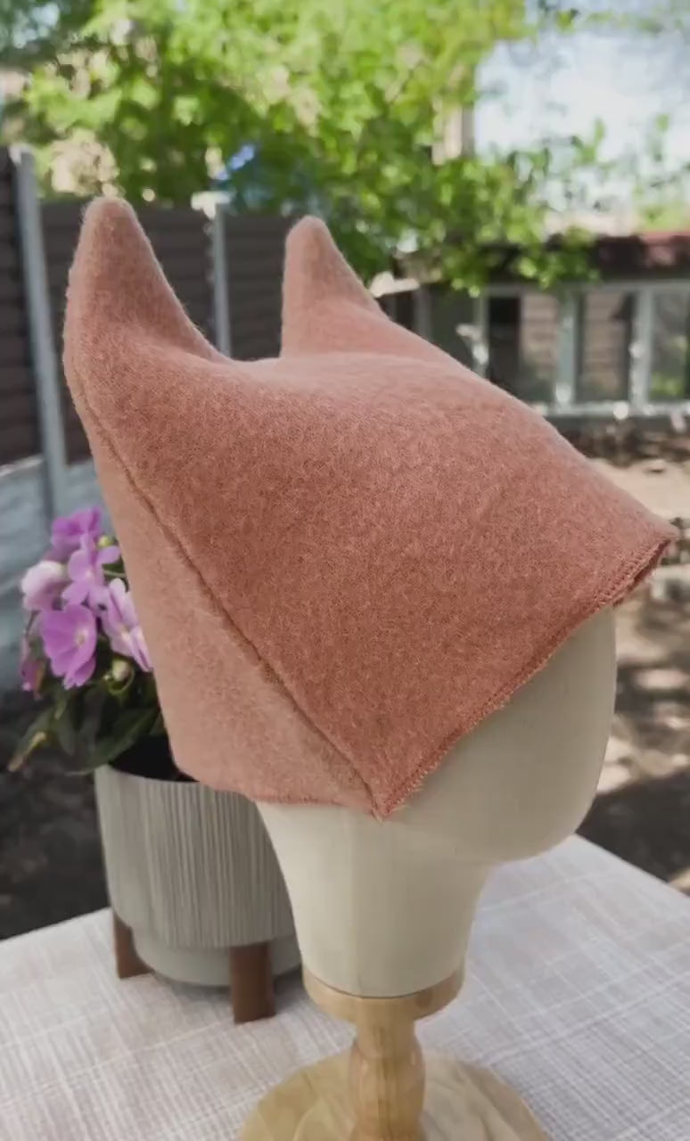 Upcycled Wool Cat Ear Sauna Hat, Felted Banya Bath Cap, Eco-Friendly Spa Accessory
