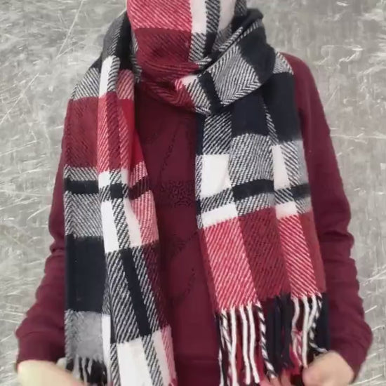 Wool scarf,black red white scarf,wool hood,wool snood,wool head scarf, Checkered wool scarf women,Vintage Plaid Scarf,Upcycled Blanket Scarf