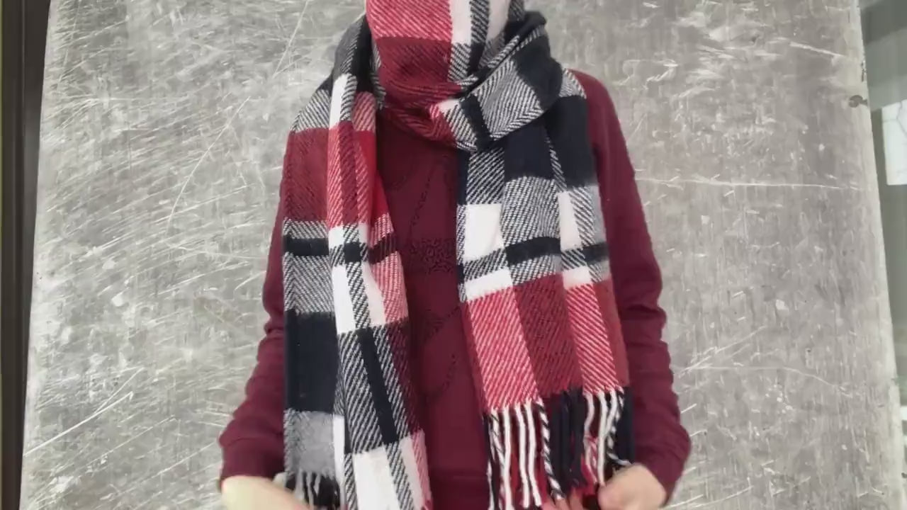 Wool scarf,black red white scarf,wool hood,wool snood,wool head scarf, Checkered wool scarf women,Vintage Plaid Scarf,Upcycled Blanket Scarf