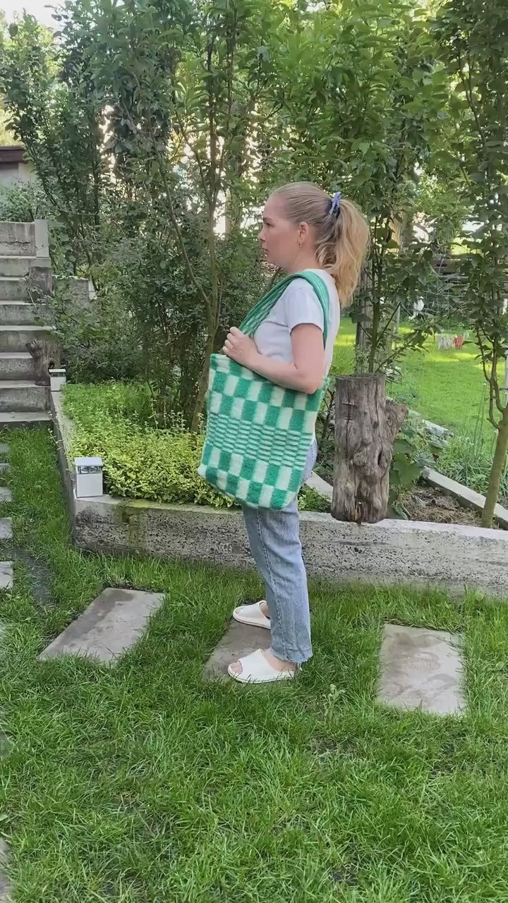 Green Wool Tote Bag Made from Vintage Blanket, Long Handles, Lined with Snap Closure, Upcycled Wool Shoulder Bag,Soft Cozy Handmade Tote