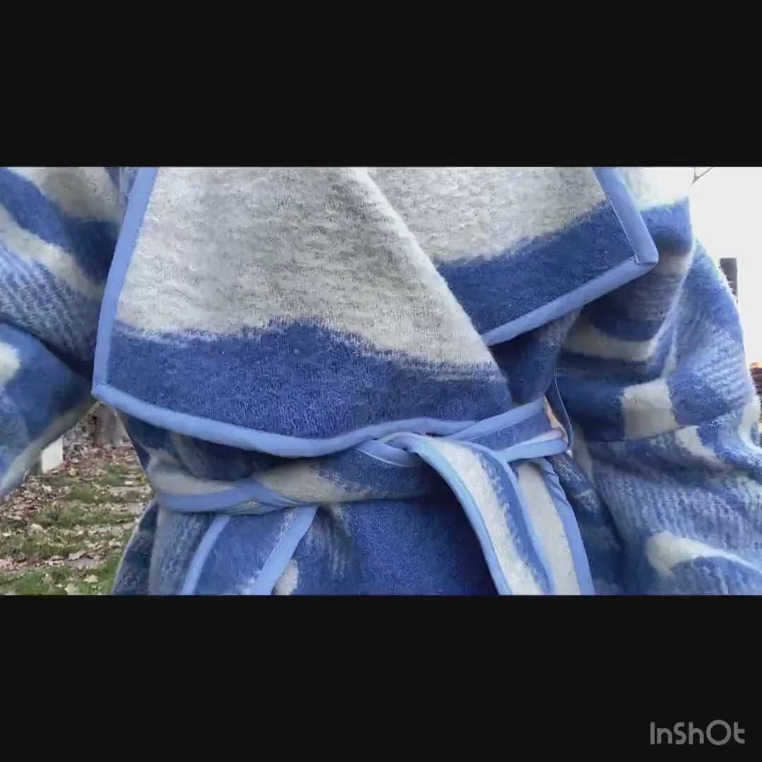 Handmade Wool Blanket Coat, Oversized Blue Plaid Jacket, Ukraine