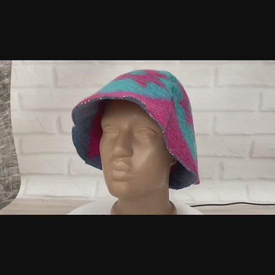 Blue Wool Sauna Hat with Floral, Handmade from Upcycled Vintage Blanket, Unisex Spa Hat,Spa Wellness Accessory,Unique Gift for Sauna.