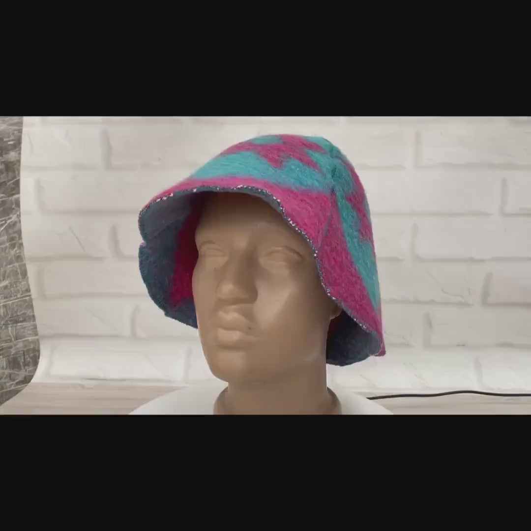 Blue Wool Sauna Hat with Floral, Handmade from Upcycled Vintage Blanket, Unisex Spa Hat,Spa Wellness Accessory,Unique Gift for Sauna.