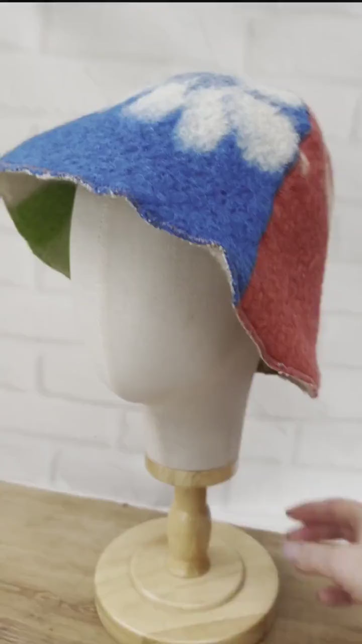One-of-a-Kind Handmade Wool Sauna Hat ,  Colorful Patchwork Wool Felt Banya Cap with Hanging Loop , Unique Spa  Sauna Accessory