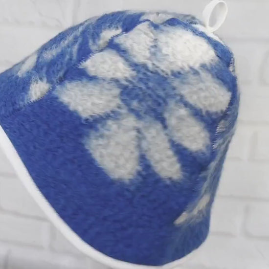 Handmade 100% Natural Wool Sauna Hat - Blue  White Floral Felted Spa Cap for Heat Protection, Hair Care  Wellness - Large Size 35x22 cm