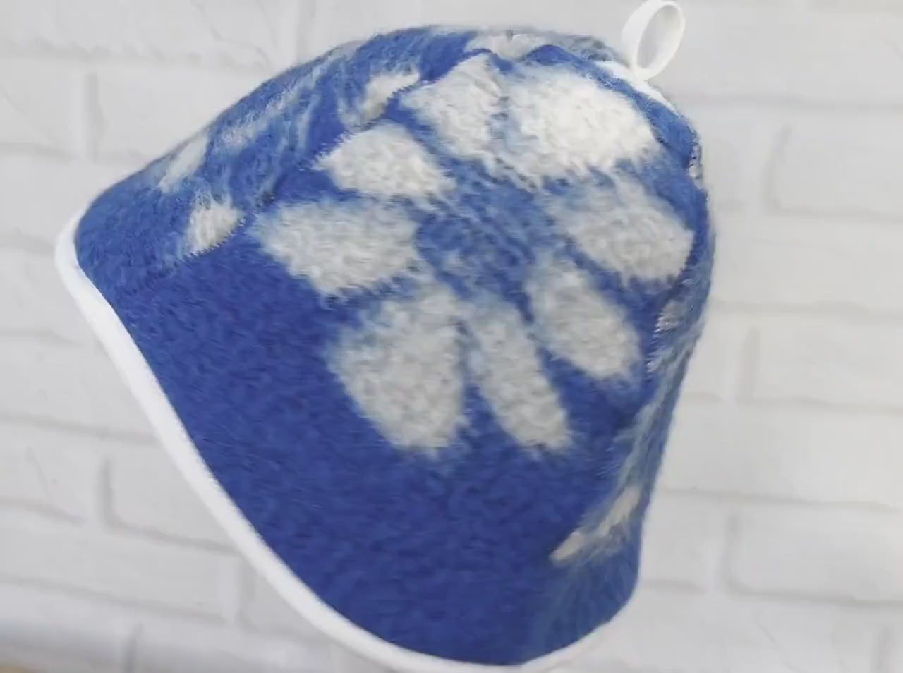 Handmade 100% Natural Wool Sauna Hat - Blue  White Floral Felted Spa Cap for Heat Protection, Hair Care  Wellness - Large Size 35x22 cm