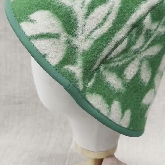 Upcycled Wool Sauna Hat, Green Floral Banya Cap, Eco-Friendly Head Protection