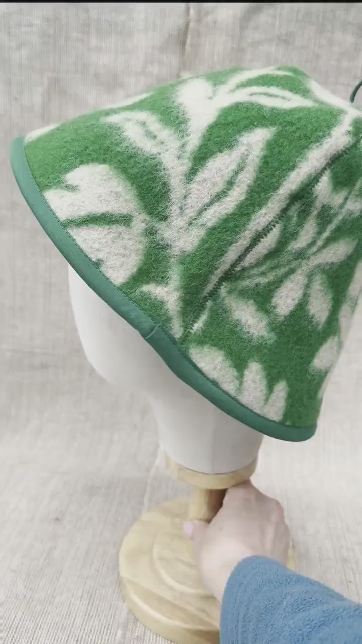 Upcycled Wool Sauna Hat, Green Floral Banya Cap, Eco-Friendly Head Protection